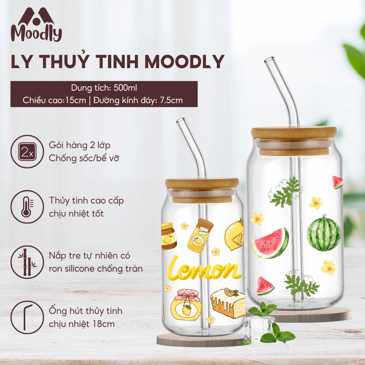 Ly Thuỷ Tinh 𝑴𝒐𝒐𝒅𝒍𝒚 Họa Tiết Hoa Quả Dáng Lon Chịu Nhiệt Kèm Ống Hút Và Nắp Gỗ Thể Tích 500ml, Ly Thủy Tinh Làm Quà Tặng 1