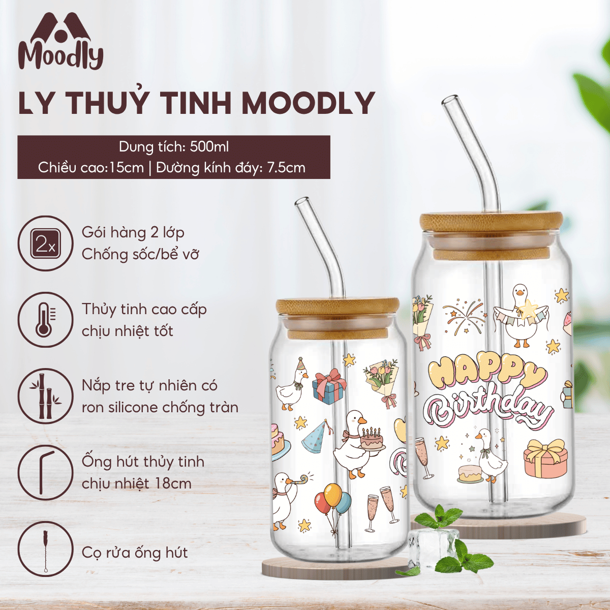 Ly Thuỷ Tinh 𝑴𝒐𝒐𝒅𝒍𝒚 Happy Birthday Quả Dáng Lon Chịu Nhiệt Kèm Ống Hút Và Nắp Gỗ Thể Tích 500ml, Quà Tặng Sinh Nhật Ý Nghĩa 1