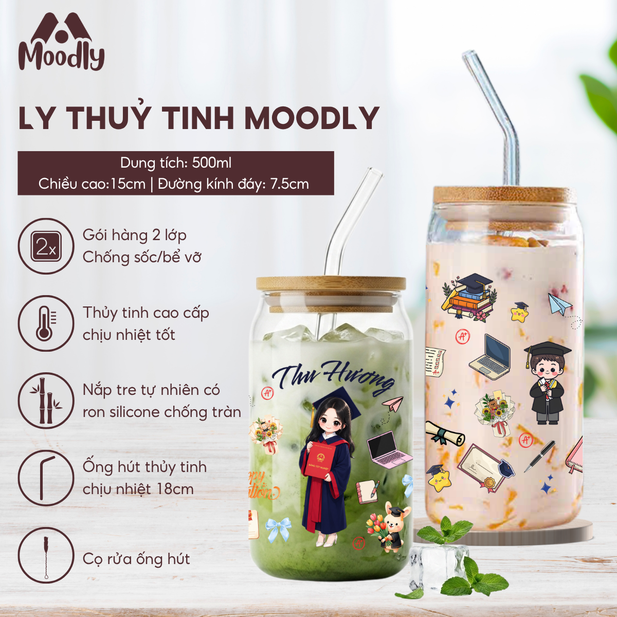 Ly Thuỷ Tinh 𝑴𝒐𝒐𝒅𝒍𝒚 Congraduation  Quả Dáng Lon Chịu Nhiệt Kèm Ống Hút Và Nắp Gỗ Thể Tích 500ml, Quà Tặng Mừng Tốt Nghiệp