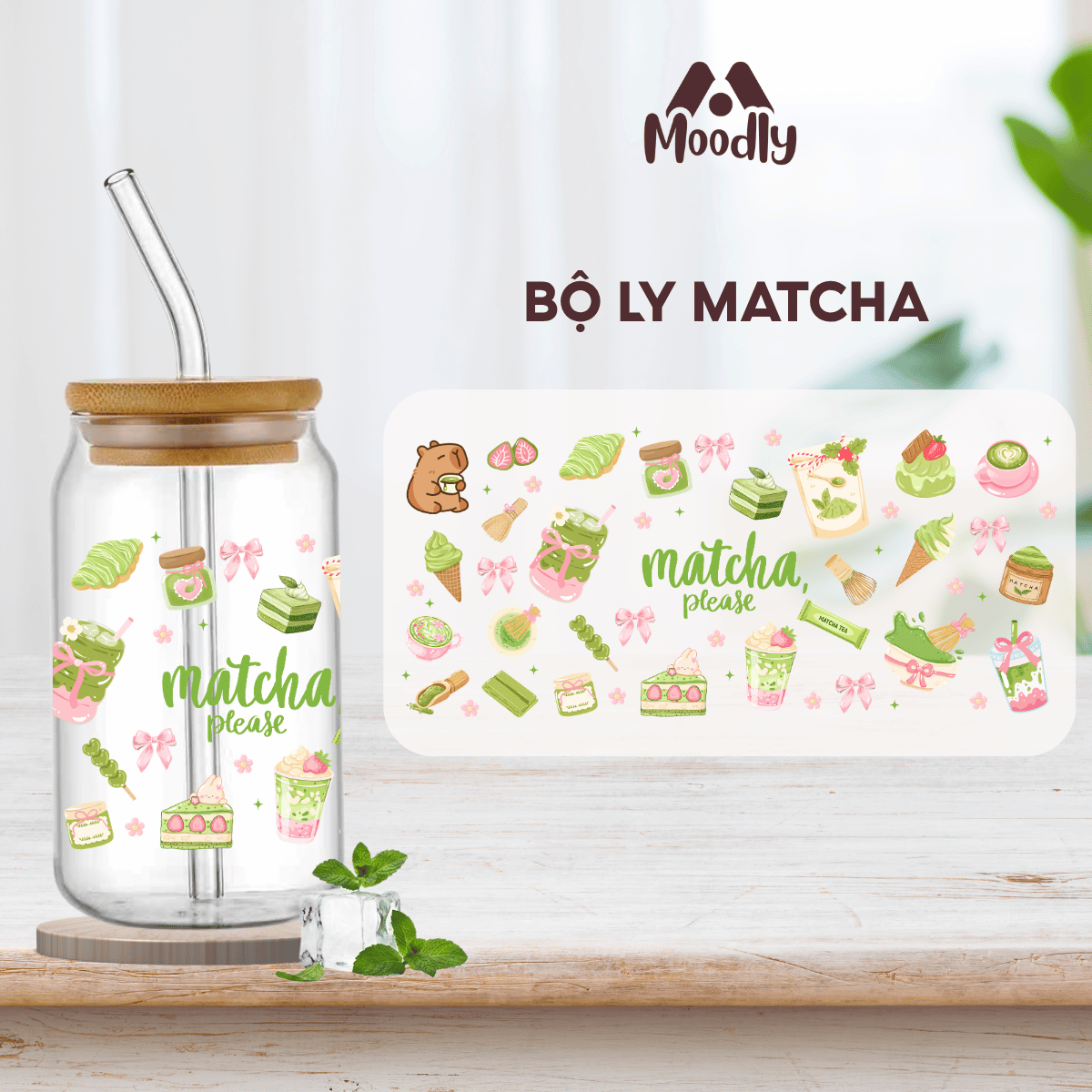 𝑴𝒐𝒐𝒅𝒍𝒚 Ly Thủy Tinh Matcha 16Oz, Cốc Thủy Tinh Chịu Nhiệt Cao Cấp Có Nắp Tre 1