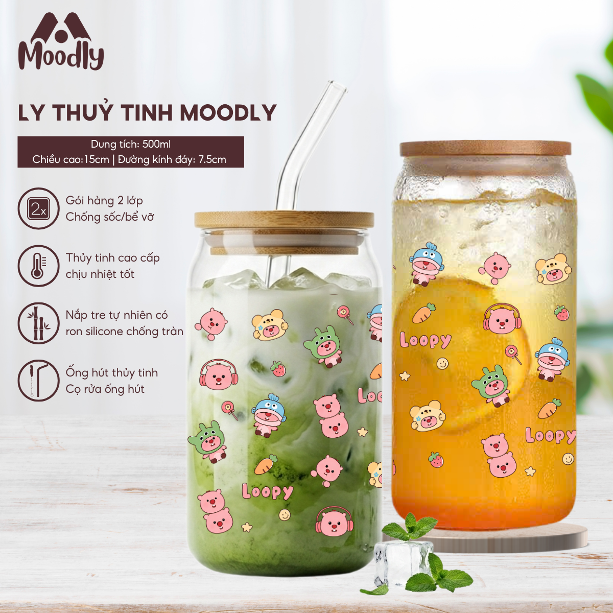 𝑴𝒐𝒐𝒅𝒍𝒚 Ly Thủy Tinh Loppy Hồng Cute 16Oz, Cốc Thủy Tinh Chịu Nhiệt Cao Cấp Có Nắp Tre 1