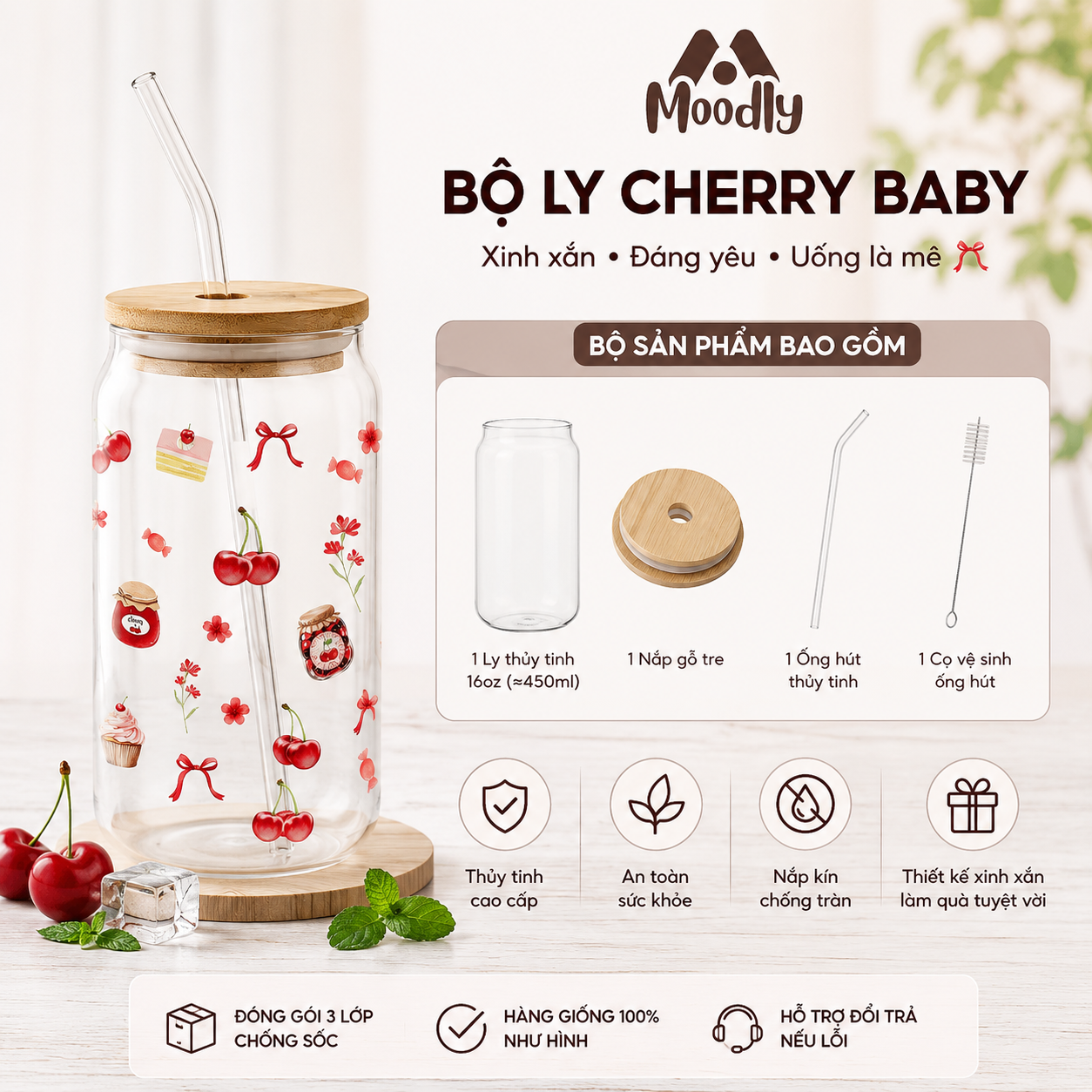 𝑴𝒐𝒐𝒅𝒍𝒚 Ly Thủy Tinh Cherry Baby , Cốc Thủy Tinh Chịu Nhiệt Cao Cấp Có Nắp Tre 1
