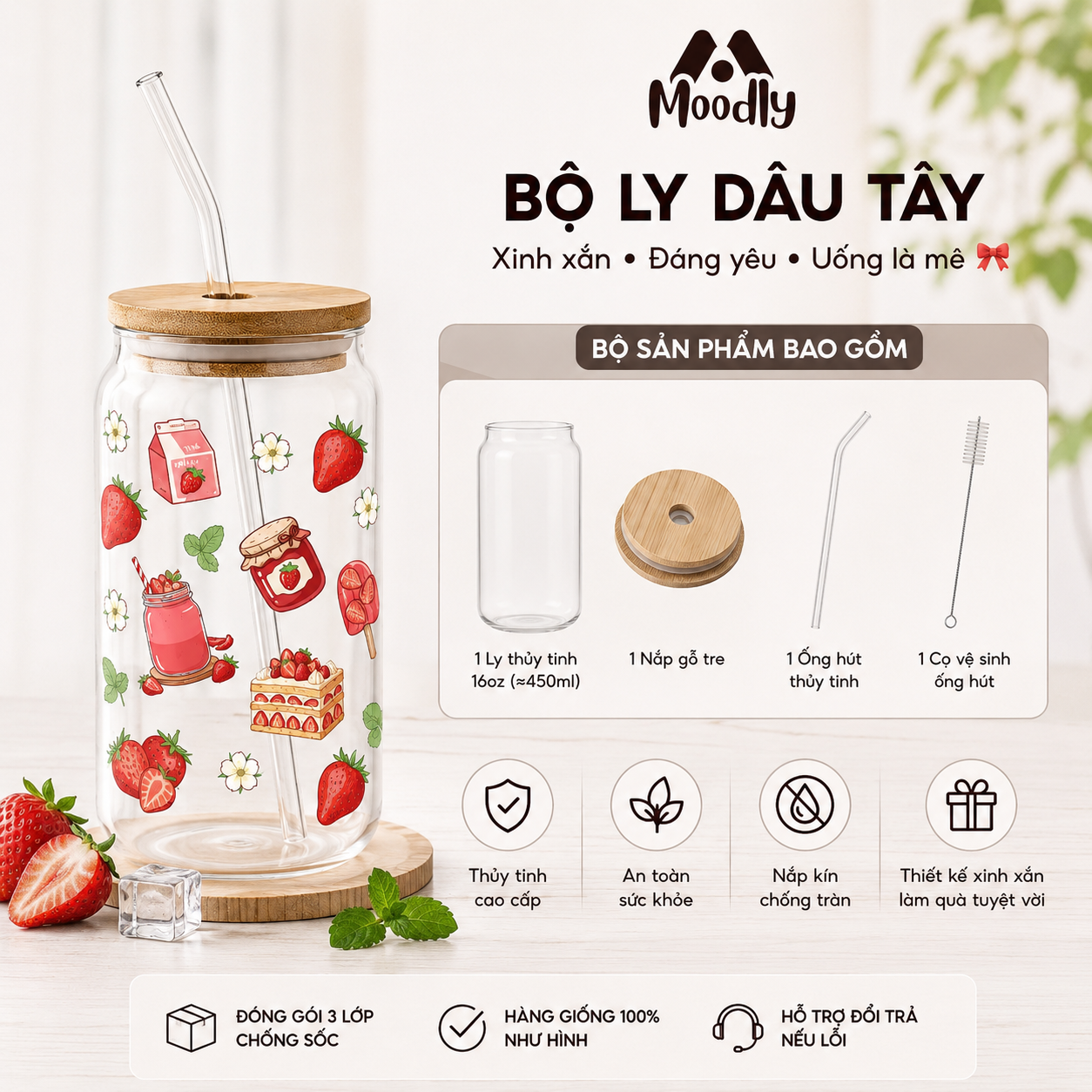 𝑴𝒐𝒐𝒅𝒍𝒚 Ly Thủy Tinh Dâu Tây 16Oz, Cốc Thủy Tinh Chịu Nhiệt Cao Cấp Có Nắp Tre 1