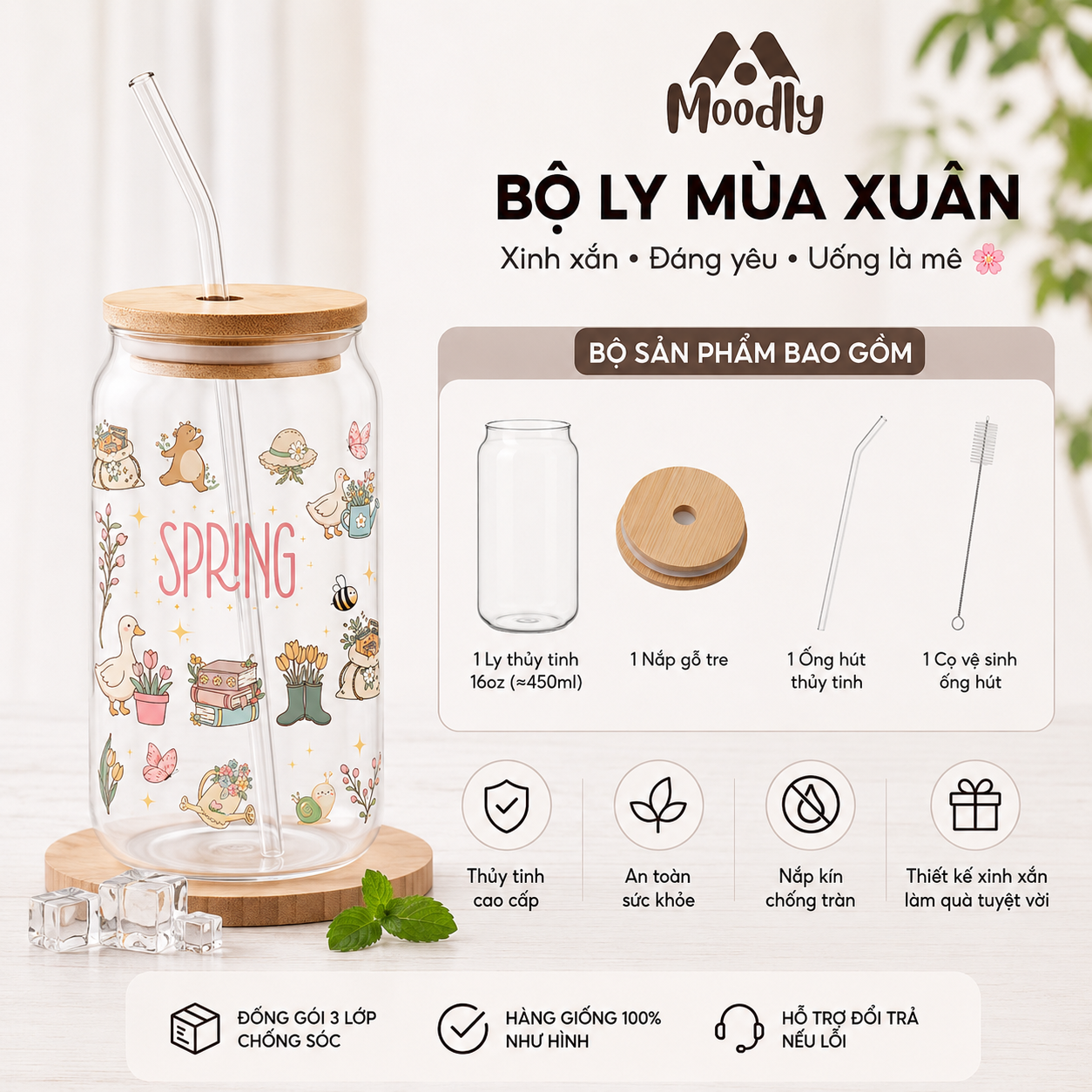 Ly Thủy Tinh MOODLY Mùa Xuân 16Oz, Cốc Thủy Tinh Chịu Nhiệt Cao Cấp Có Nắp Tre 1