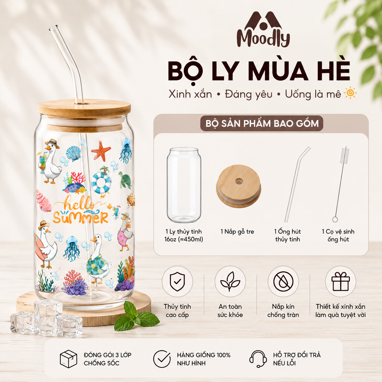 Ly Thủy Tinh MOODLY Mùa Hạ 16Oz, Cốc Thủy Tinh Chịu Nhiệt Cao Cấp Có Nắp Tre 1