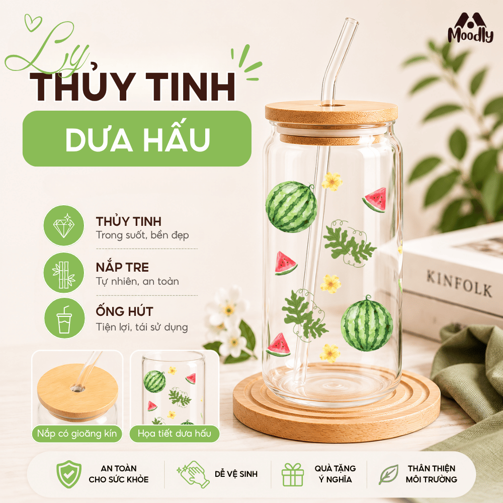 Ly Thuỷ Tinh 𝑴𝒐𝒐𝒅𝒍𝒚 Dưa Hấu Dáng Lon Chịu Nhiệt Kèm Ống Hút Và Nắp Gỗ Thể Tích 500ml, Ly Thủy Tinh Làm Quà Tặng