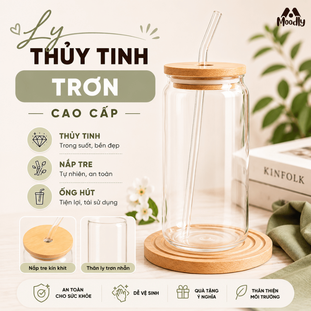 Ly Thuỷ Tinh 𝑴𝒐𝒐𝒅𝒍𝒚 Dáng Lon Chịu Nhiệt Kèm Ống Hút Và Nắp Gỗ Thể Tích 500ml