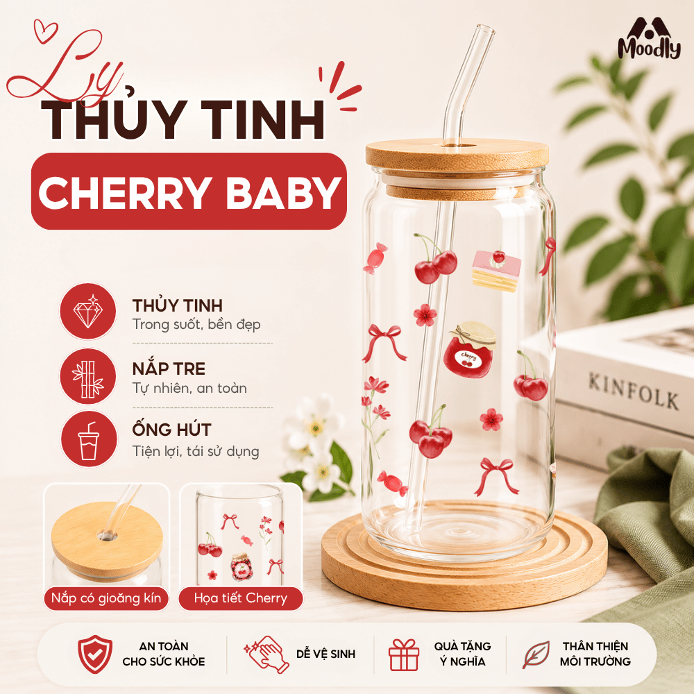 𝑴𝒐𝒐𝒅𝒍𝒚 Ly Thủy Tinh Cherry Baby , Cốc Thủy Tinh Chịu Nhiệt Cao Cấp Có Nắp Tre
