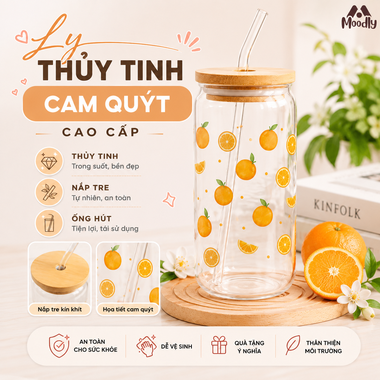 𝑴𝒐𝒐𝒅𝒍𝒚 Ly Thủy Tinh Cam Quýt 16Oz, Cốc Thủy Tinh Chịu Nhiệt Cao Cấp Có Nắp Tre