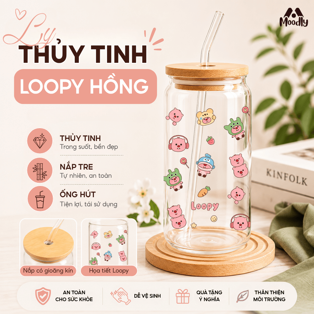 𝑴𝒐𝒐𝒅𝒍𝒚 Ly Thủy Tinh Loppy Hồng Cute 16Oz, Cốc Thủy Tinh Chịu Nhiệt Cao Cấp Có Nắp Tre