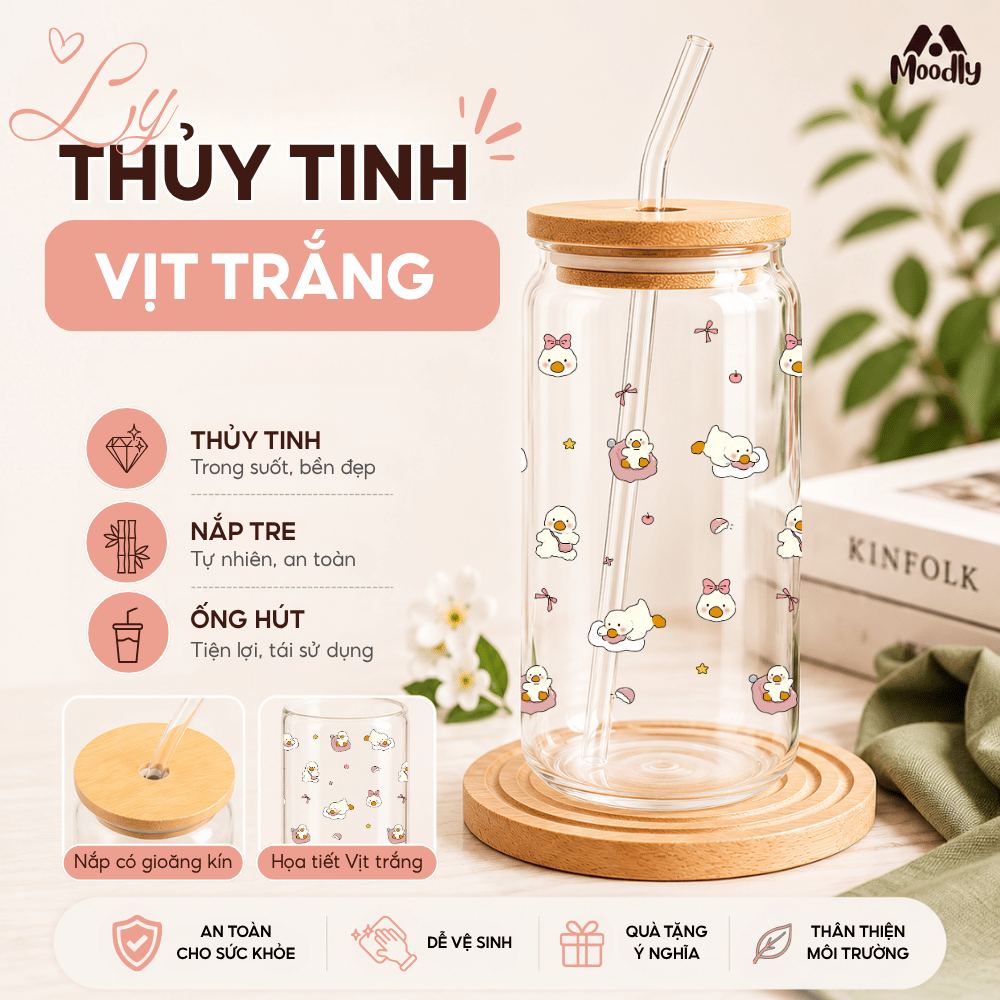 Ly Thủy Tinh MOODLY Vịt Trắng 16Oz, Cốc Thủy Tinh Chịu Nhiệt Cao Cấp Có Nắp Tre