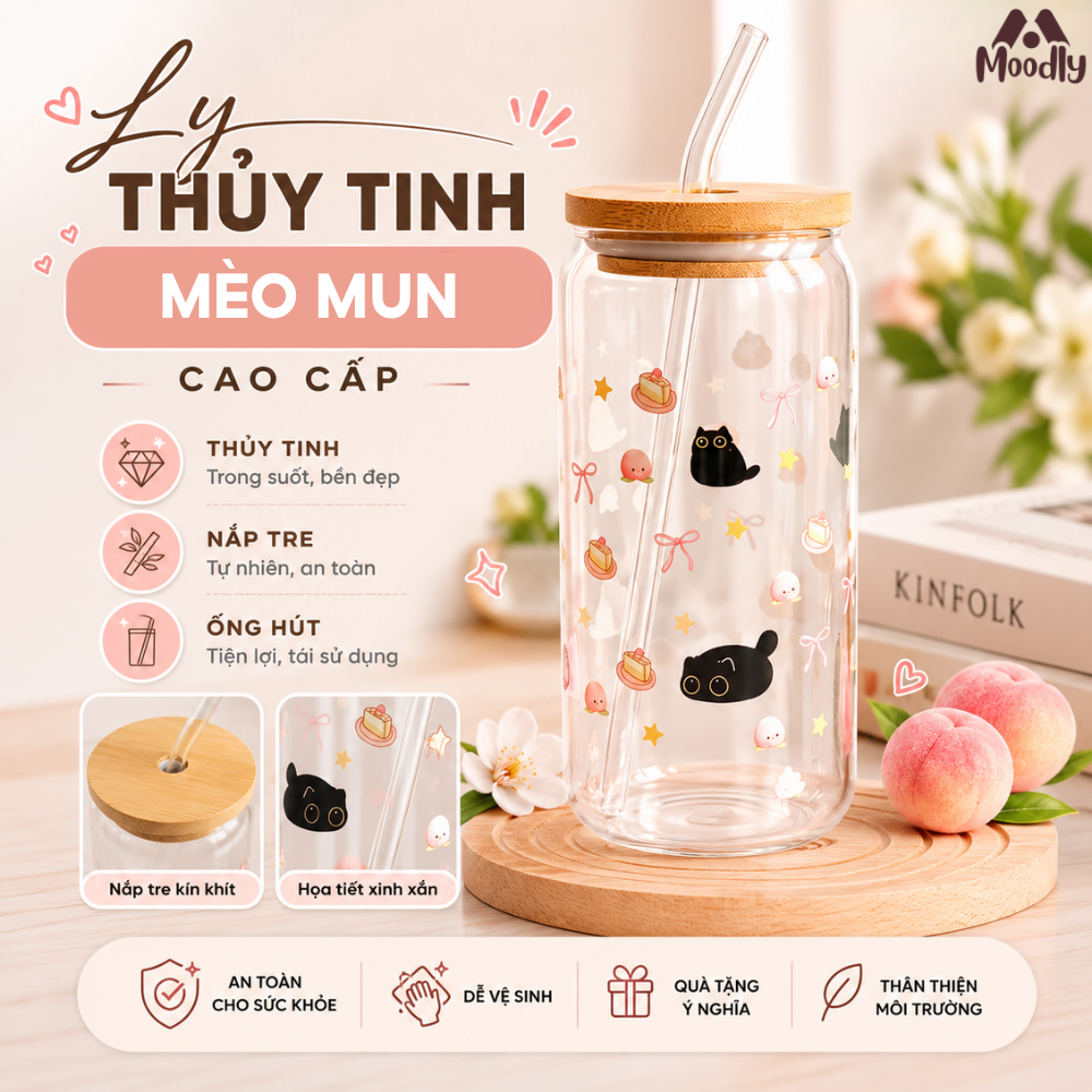 Ly Thủy Tinh MOODLY Mèo Mun 16Oz, Cốc Thủy Tinh Chịu Nhiệt Cao Cấp Có Nắp Tre