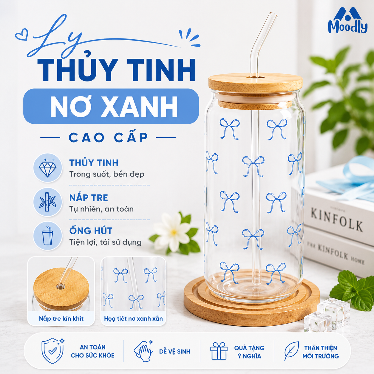 Ly Thủy Tinh MOODLY  NƠ XANH 16Oz, Cốc Thủy Tinh Chịu Nhiệt Cao Cấp Có Nắp Tre