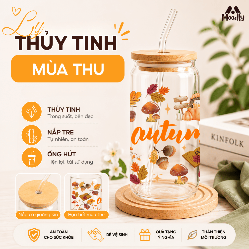 Ly Thủy Tinh MOODLY  Mùa Thu 16Oz, Cốc Thủy Tinh Chịu Nhiệt Cao Cấp Có Nắp Tre