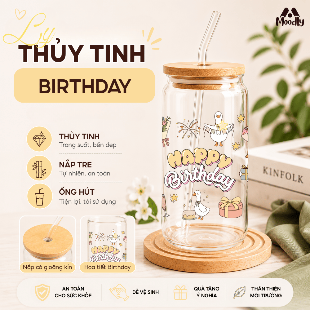 Ly Thuỷ Tinh 𝑴𝒐𝒐𝒅𝒍𝒚 Happy Birthday Quả Dáng Lon Chịu Nhiệt Kèm Ống Hút Và Nắp Gỗ Thể Tích 500ml, Quà Tặng Sinh Nhật Ý Nghĩa