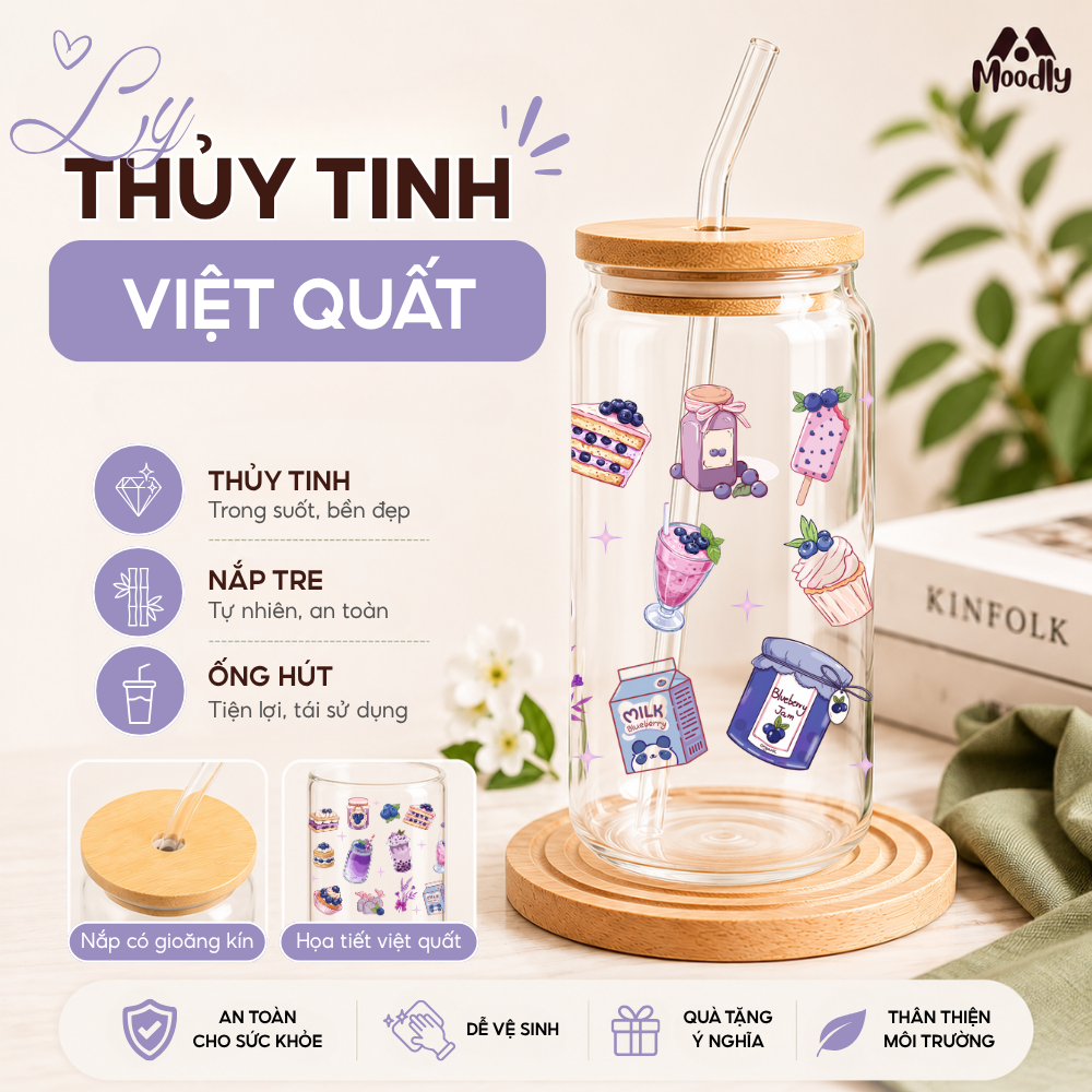 𝑴𝒐𝒐𝒅𝒍𝒚 Ly Thủy Tinh Việt Quất 500ML, Cốc Thủy Tinh Chịu Nhiệt Cao Cấp Có Nắp Tre