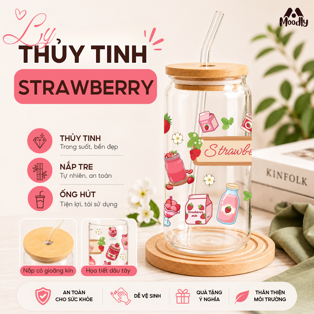 𝑴𝒐𝒐𝒅𝒍𝒚 Ly Thủy Tinh Dâu Tây 16Oz, Cốc Thủy Tinh Chịu Nhiệt Cao Cấp Có Nắp Tre