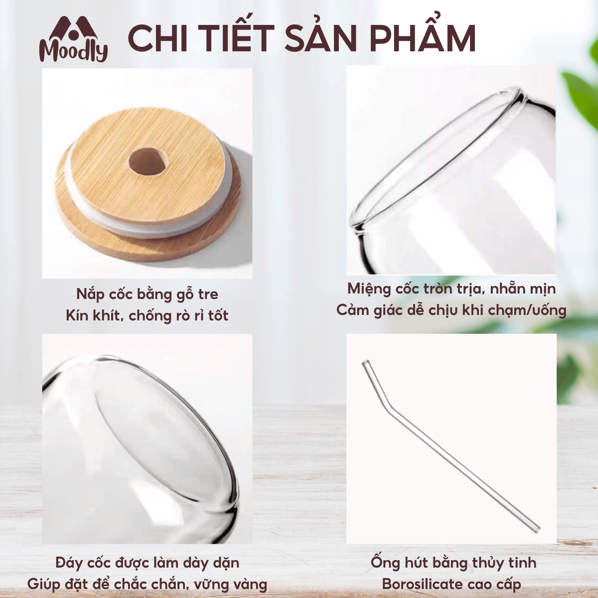 Ly Thuỷ Tinh 𝑴𝒐𝒐𝒅𝒍𝒚 Họa Tiết Hoa Quả Dáng Lon Chịu Nhiệt Kèm Ống Hút Và Nắp Gỗ Thể Tích 500ml, Ly Thủy Tinh Làm Quà Tặng 6