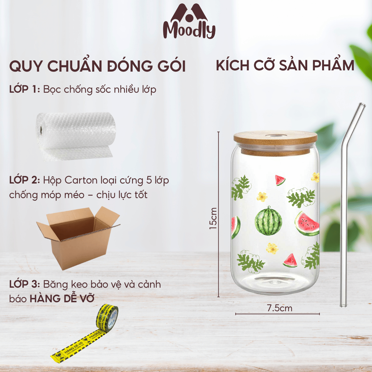 Ly Thuỷ Tinh 𝑴𝒐𝒐𝒅𝒍𝒚 Họa Tiết Hoa Quả Dáng Lon Chịu Nhiệt Kèm Ống Hút Và Nắp Gỗ Thể Tích 500ml, Ly Thủy Tinh Làm Quà Tặng 8