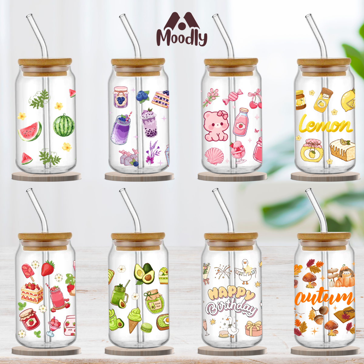 Ly Thuỷ Tinh 𝑴𝒐𝒐𝒅𝒍𝒚 Họa Tiết Hoa Quả Dáng Lon Chịu Nhiệt Kèm Ống Hút Và Nắp Gỗ Thể Tích 500ml, Ly Thủy Tinh Làm Quà Tặng 3