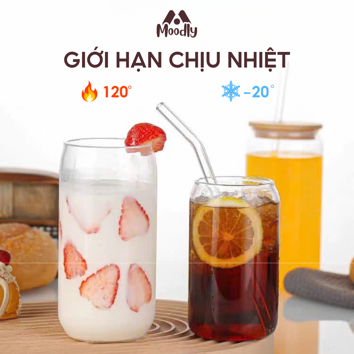 Ly Thuỷ Tinh 𝑴𝒐𝒐𝒅𝒍𝒚 Họa Tiết Hoa Quả Dáng Lon Chịu Nhiệt Kèm Ống Hút Và Nắp Gỗ Thể Tích 500ml, Ly Thủy Tinh Làm Quà Tặng 5
