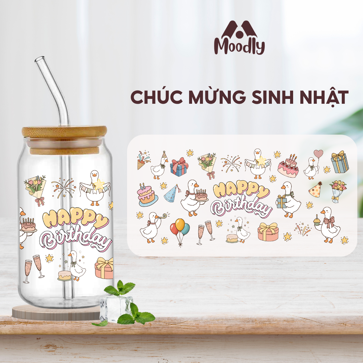 Ly Thuỷ Tinh 𝑴𝒐𝒐𝒅𝒍𝒚 Happy Birthday Quả Dáng Lon Chịu Nhiệt Kèm Ống Hút Và Nắp Gỗ Thể Tích 500ml, Quà Tặng Sinh Nhật Ý Nghĩa 3