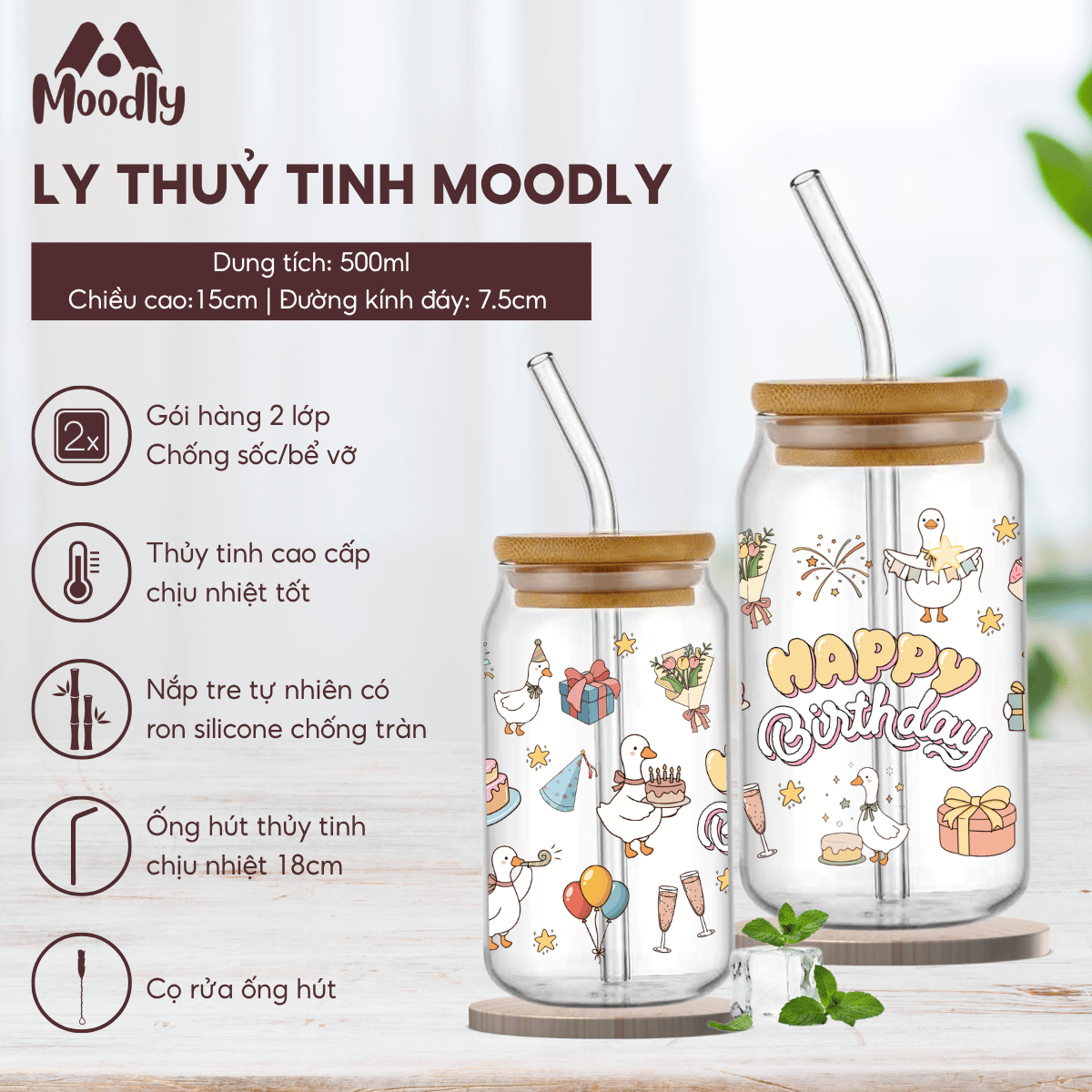 Ly Thuỷ Tinh 𝑴𝒐𝒐𝒅𝒍𝒚 Happy Birthday Quả Dáng Lon Chịu Nhiệt Kèm Ống Hút Và Nắp Gỗ Thể Tích 500ml, Quà Tặng Sinh Nhật Ý Nghĩa 2