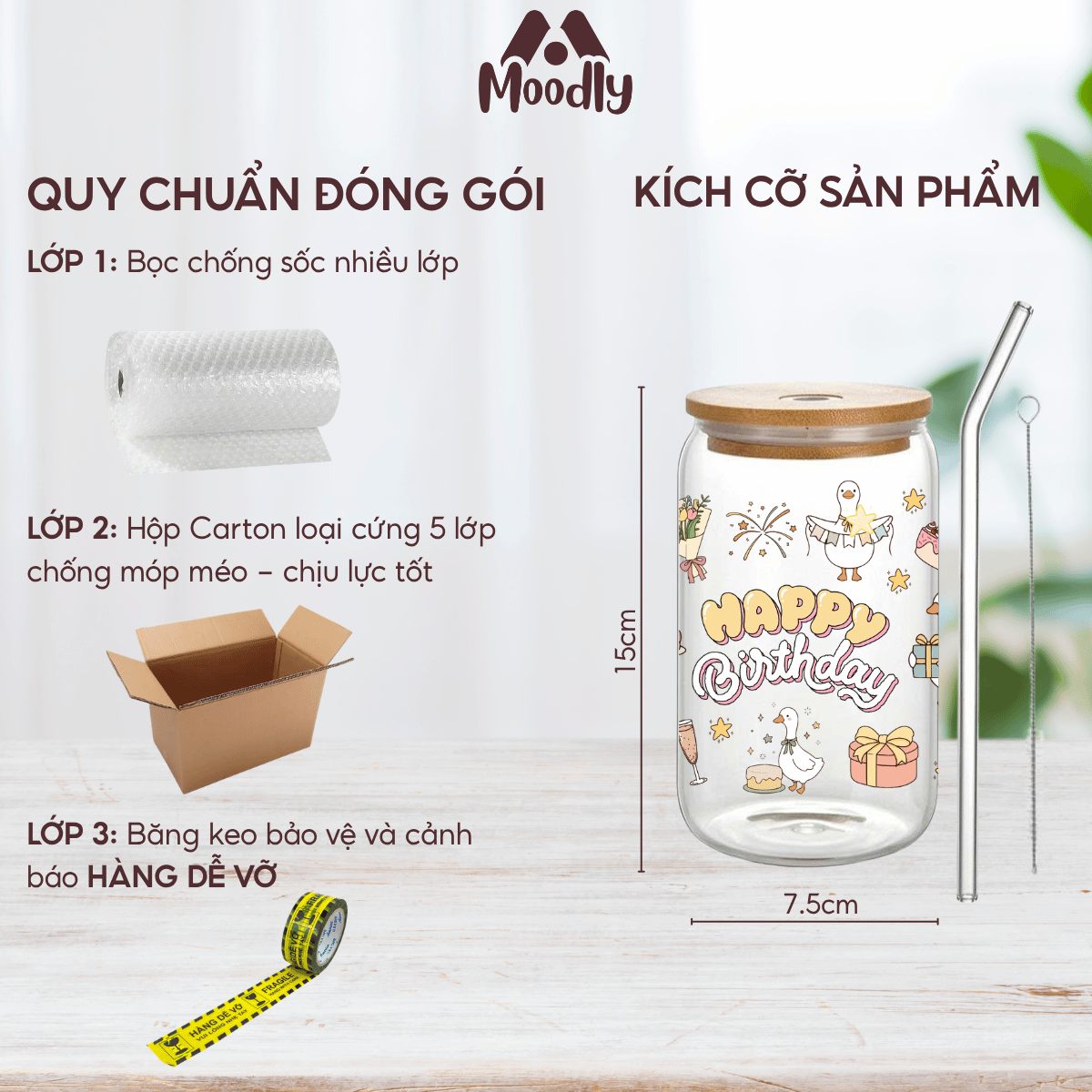 Ly Thuỷ Tinh 𝑴𝒐𝒐𝒅𝒍𝒚 Happy Birthday Quả Dáng Lon Chịu Nhiệt Kèm Ống Hút Và Nắp Gỗ Thể Tích 500ml, Quà Tặng Sinh Nhật Ý Nghĩa 6