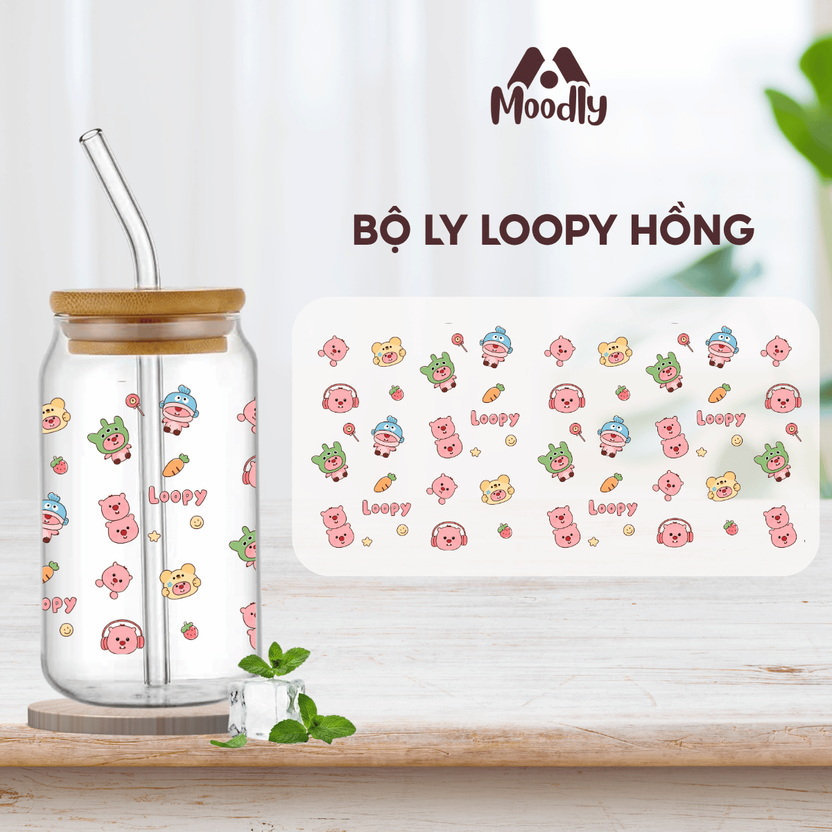 𝑴𝒐𝒐𝒅𝒍𝒚 Ly Thủy Tinh Loppy Hồng Cute 16Oz, Cốc Thủy Tinh Chịu Nhiệt Cao Cấp Có Nắp Tre 5