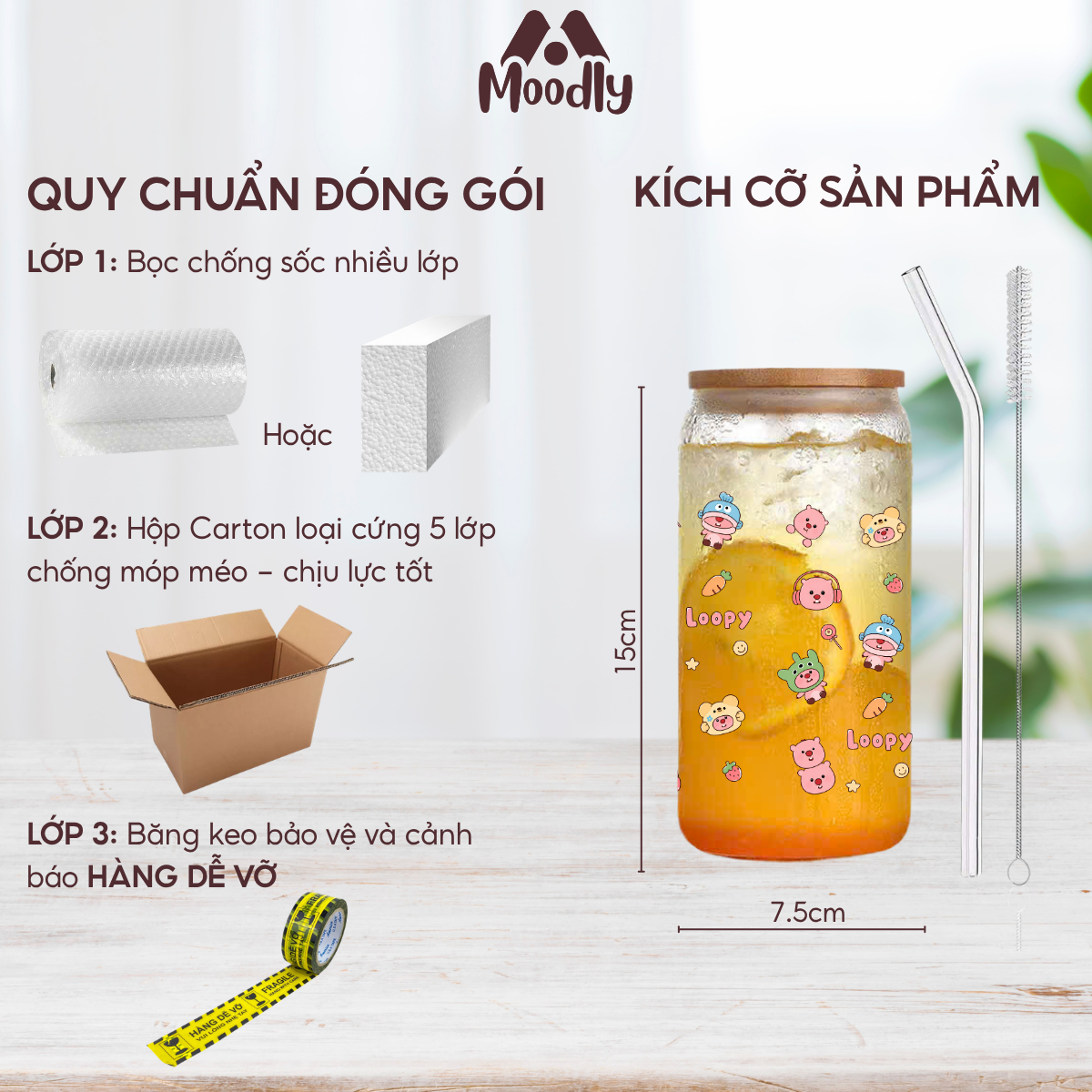𝑴𝒐𝒐𝒅𝒍𝒚 Ly Thủy Tinh Loppy Hồng Cute 16Oz, Cốc Thủy Tinh Chịu Nhiệt Cao Cấp Có Nắp Tre 3