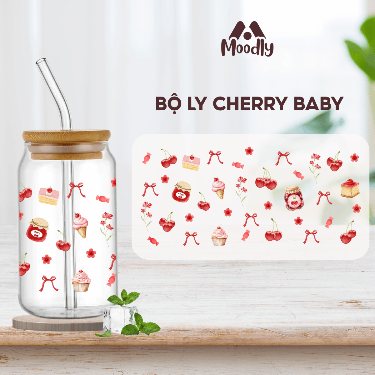 𝑴𝒐𝒐𝒅𝒍𝒚 Ly Thủy Tinh Cherry Baby , Cốc Thủy Tinh Chịu Nhiệt Cao Cấp Có Nắp Tre 2