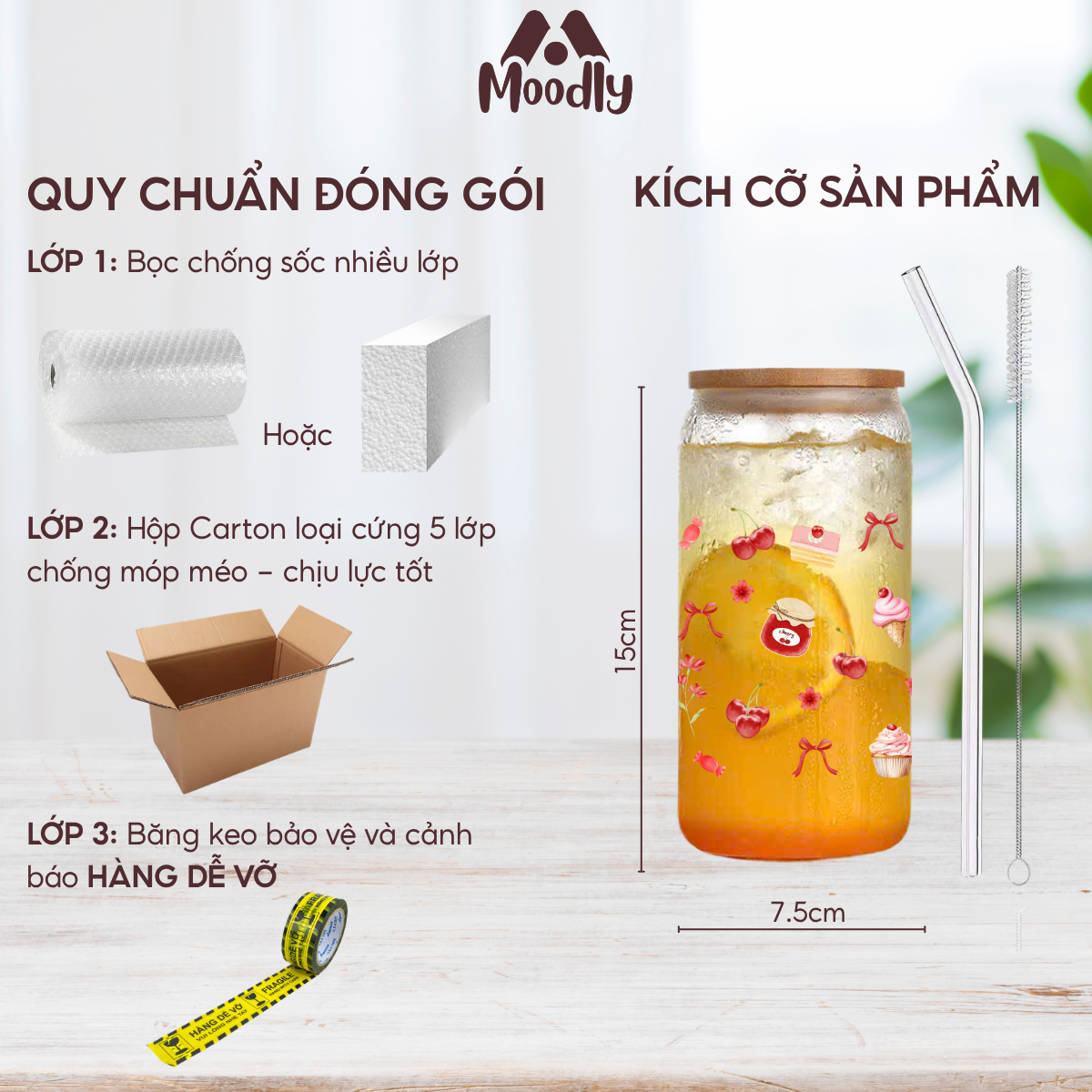 𝑴𝒐𝒐𝒅𝒍𝒚 Ly Thủy Tinh Cherry Baby , Cốc Thủy Tinh Chịu Nhiệt Cao Cấp Có Nắp Tre 3