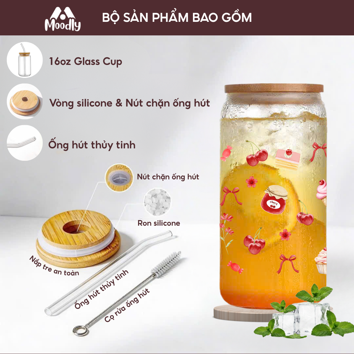 𝑴𝒐𝒐𝒅𝒍𝒚 Ly Thủy Tinh Cherry Baby , Cốc Thủy Tinh Chịu Nhiệt Cao Cấp Có Nắp Tre 4
