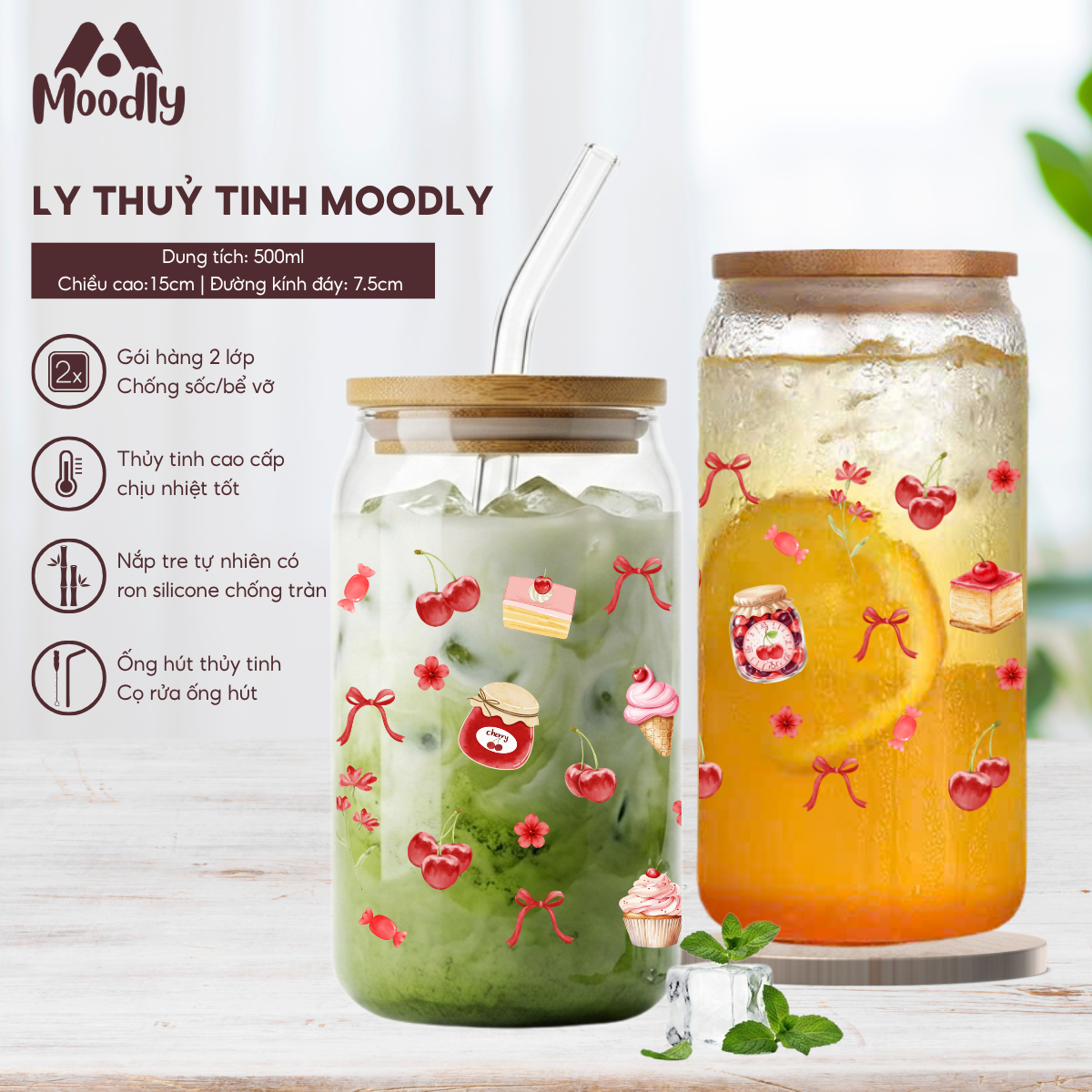 𝑴𝒐𝒐𝒅𝒍𝒚 Ly Thủy Tinh Cherry Baby , Cốc Thủy Tinh Chịu Nhiệt Cao Cấp Có Nắp Tre 5