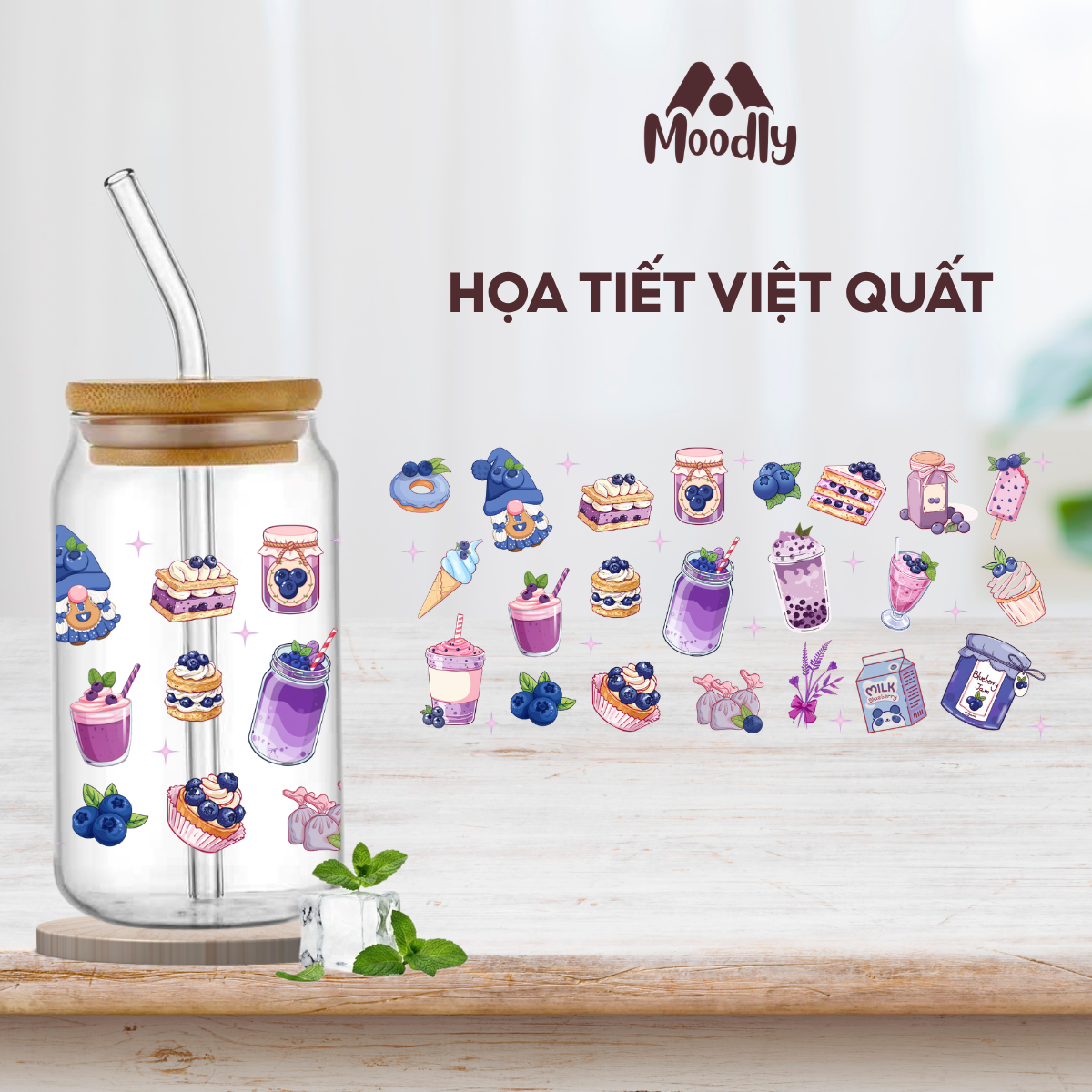 𝑴𝒐𝒐𝒅𝒍𝒚 Ly Thủy Tinh Việt Quất 500ML, Cốc Thủy Tinh Chịu Nhiệt Cao Cấp Có Nắp Tre 3
