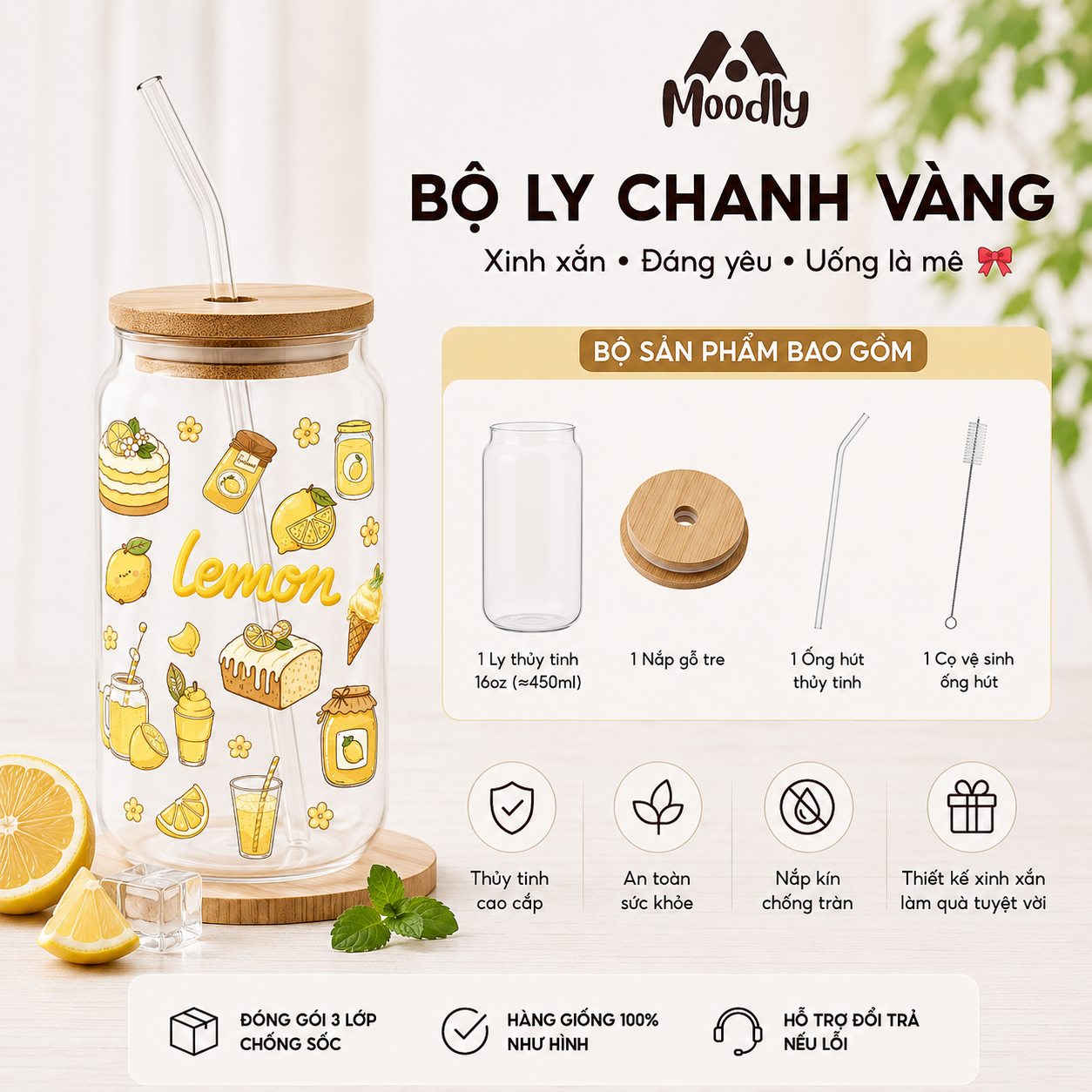 𝑴𝒐𝒐𝒅𝒍𝒚 Ly Thủy Tinh Chanh Vàng 16Oz, Cốc Thủy Tinh Chịu Nhiệt Cao Cấp Có Nắp Tre 2