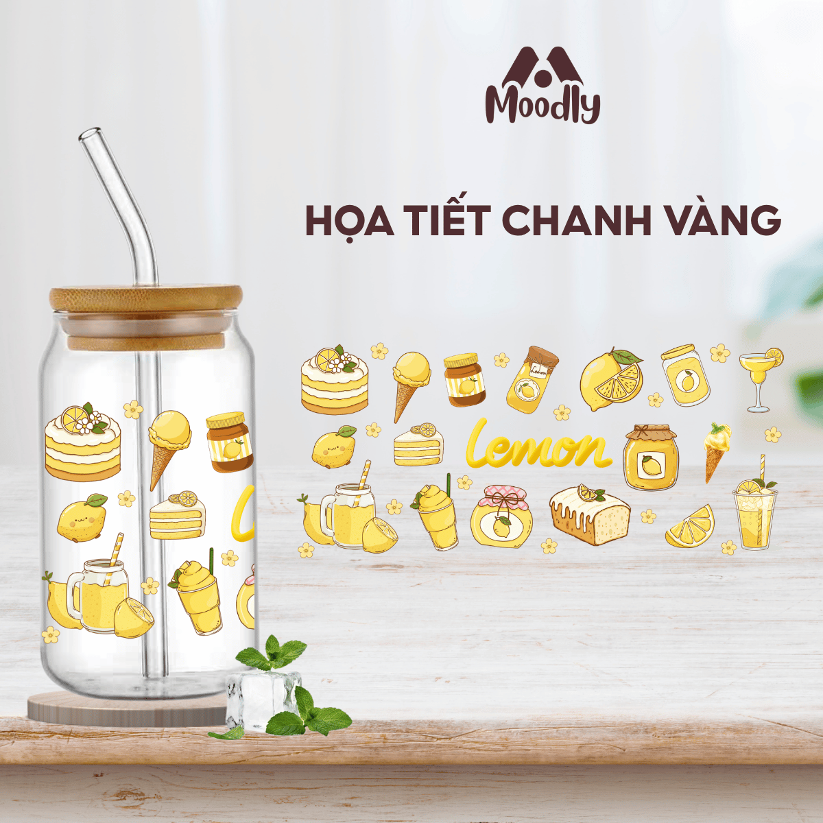 𝑴𝒐𝒐𝒅𝒍𝒚 Ly Thủy Tinh Chanh Vàng 16Oz, Cốc Thủy Tinh Chịu Nhiệt Cao Cấp Có Nắp Tre 3