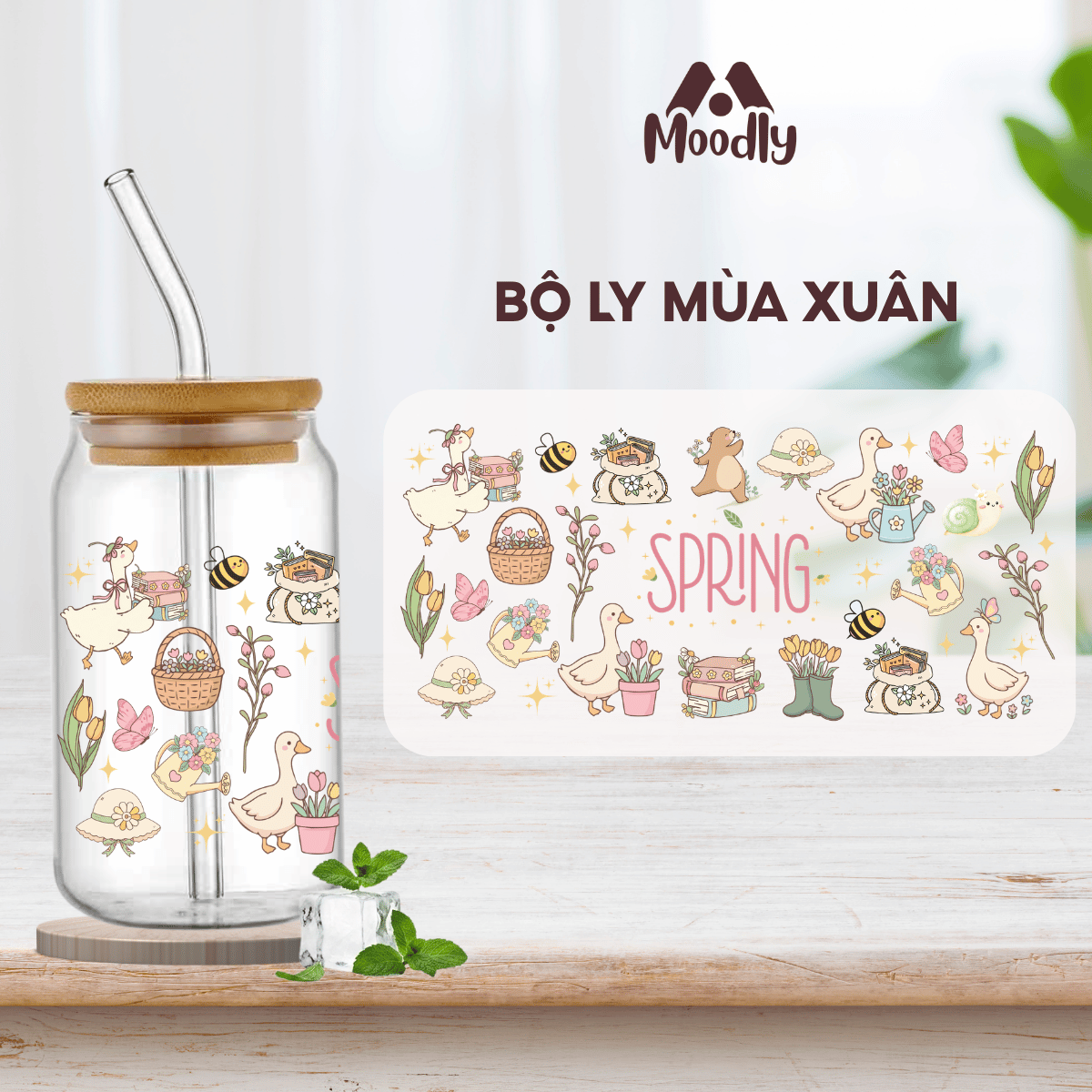 Ly Thủy Tinh MOODLY Mùa Xuân 16Oz, Cốc Thủy Tinh Chịu Nhiệt Cao Cấp Có Nắp Tre 3