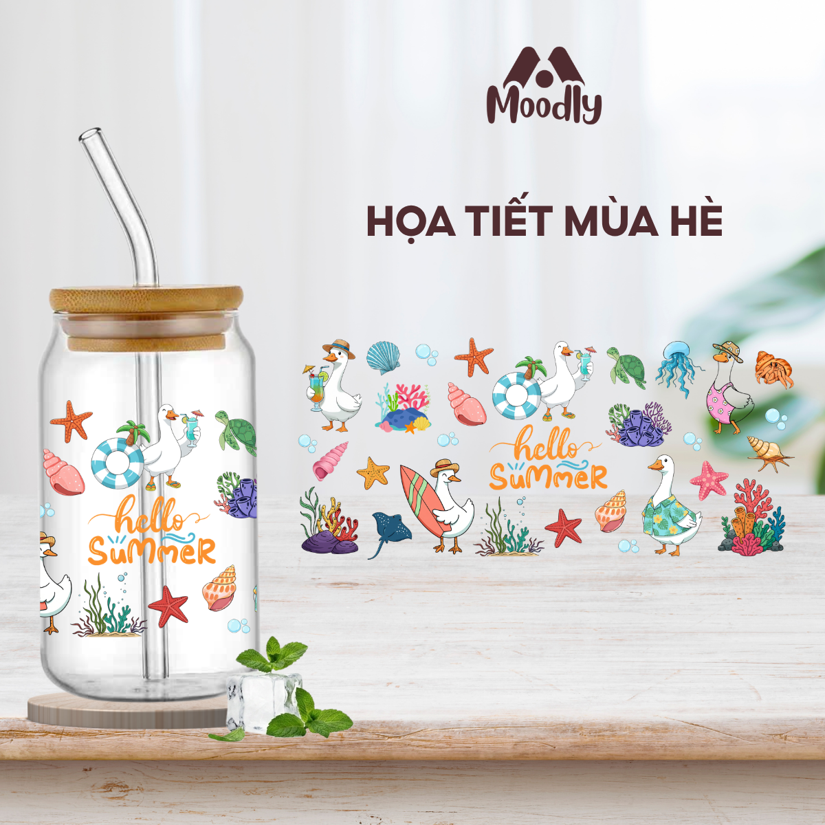 Ly Thủy Tinh MOODLY Mùa Hạ 16Oz, Cốc Thủy Tinh Chịu Nhiệt Cao Cấp Có Nắp Tre 3