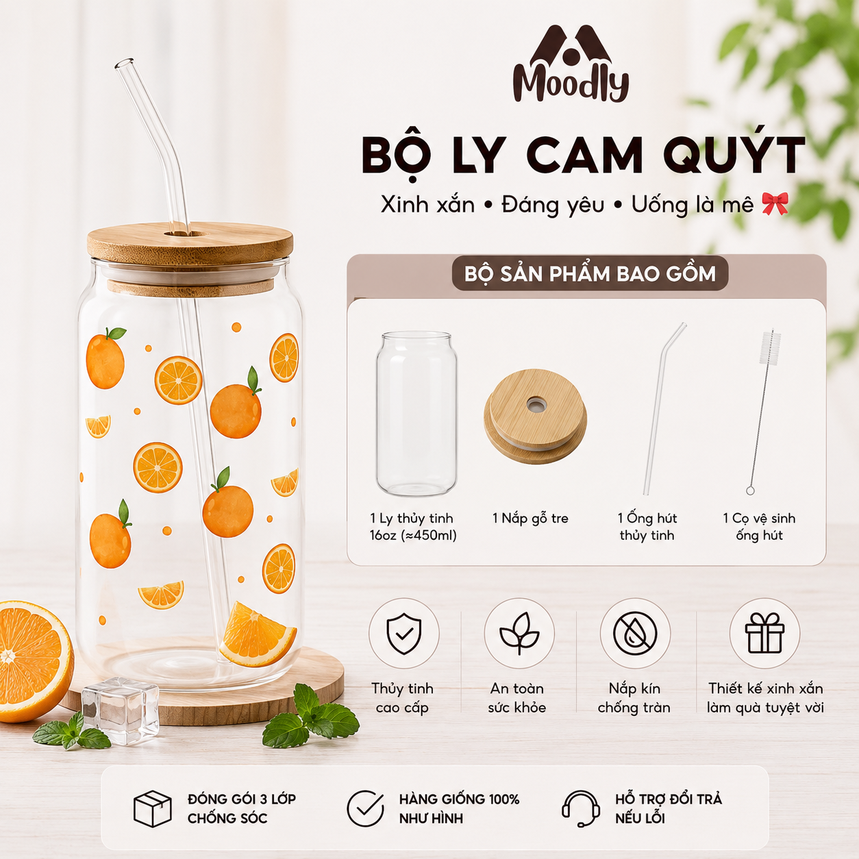 𝑴𝒐𝒐𝒅𝒍𝒚 Ly Thủy Tinh Cam Quýt 16Oz, Cốc Thủy Tinh Chịu Nhiệt Cao Cấp Có Nắp Tre 2